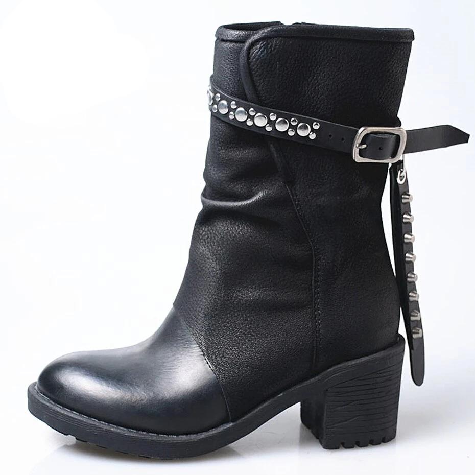 New genuine leather do old short boots women rivet stud belt buckle high heel motorcycle boots mujer zapatos - LiveTrendsX