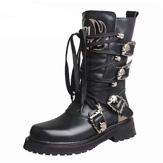 retro style knight boots women white cow leather thick bottom mid calf boot buckle belt lace up short boots women - LiveTrendsX