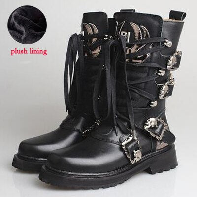 retro style knight boots women white cow leather thick bottom mid calf boot buckle belt lace up short boots women - LiveTrendsX
