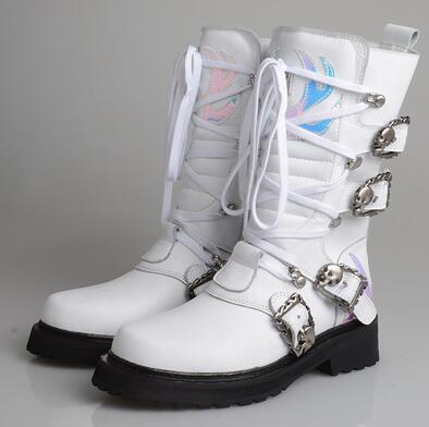 retro style knight boots women white cow leather thick bottom mid calf boot buckle belt lace up short boots women - LiveTrendsX