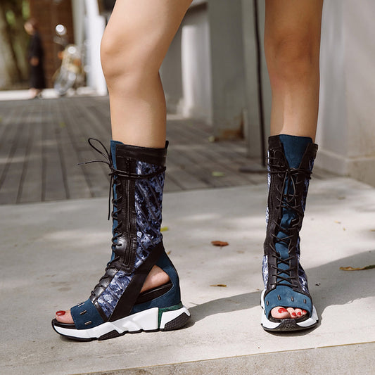 fashion new genuine leather patchwork wedge heel sandals peep toe sexy cut out causal boots sandals females - LiveTrendsX