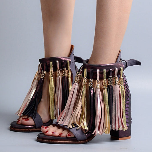 Summer New Genuine Leather Full Tassel Women Sandals Fringed Chunky High Heel Shoes Ankle Wrap Sexy Women Pumps - LiveTrendsX