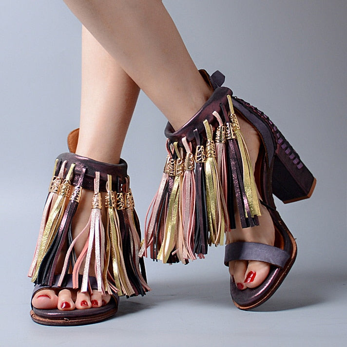 Summer New Genuine Leather Full Tassel Women Sandals Fringed Chunky High Heel Shoes Ankle Wrap Sexy Women Pumps - LiveTrendsX
