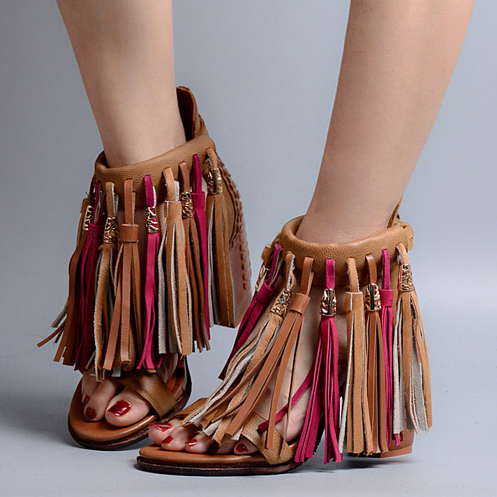 Summer New Genuine Leather Full Tassel Women Sandals Fringed Chunky High Heel Shoes Ankle Wrap Sexy Women Pumps - LiveTrendsX