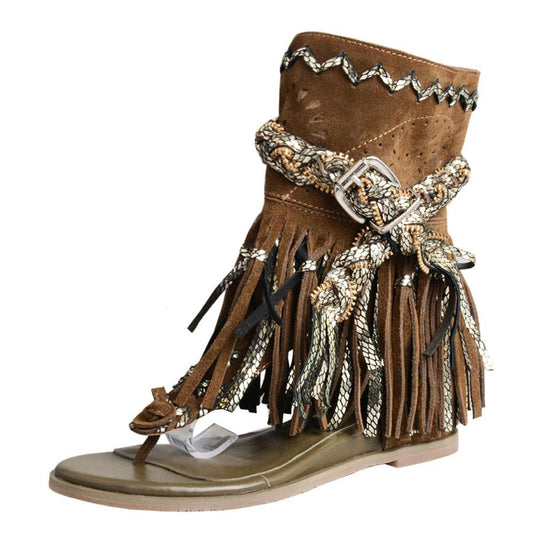 cow suede hollow tassel flat gladiator sandal women fashion summer short boots retro style flip flop sandal khaki - LiveTrendsX