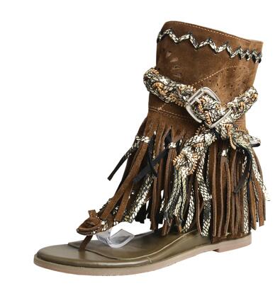 cow suede hollow tassel flat gladiator sandal women fashion summer short boots retro style flip flop sandal khaki - LiveTrendsX