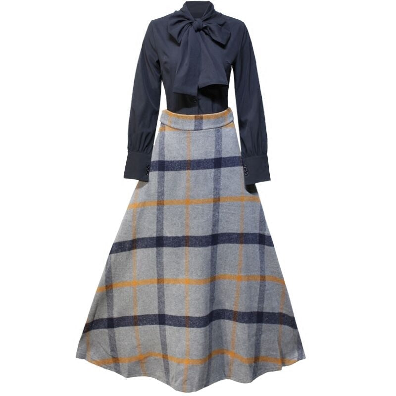 Autumn Winter Bow Neck Full Sleeve Blouse Shirt Top and Woolen Plaid Skirt Two-piece Outfits Set Suit Women Dresses - LiveTrendsX