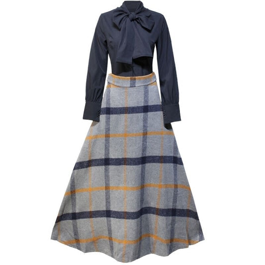 Autumn Winter Bow Neck Full Sleeve Blouse Shirt Top and Woolen Plaid Skirt Two-piece Outfits Set Suit Women Dresses - LiveTrendsX
