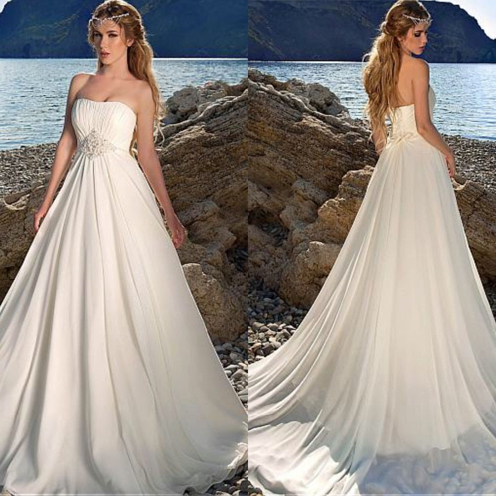 Charming Chiffon Strapless Bridal Dresses  A-line Floor Length Ruched Bodice  Wedding Dresses with Beadings Beach Wedding Gown - LiveTrendsX