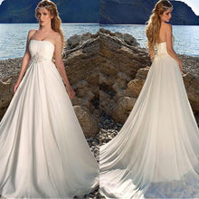 Load image into Gallery viewer, Charming Chiffon Strapless Bridal Dresses  A-line Floor Length Ruched Bodice  Wedding Dresses with Beadings Beach Wedding Gown - LiveTrendsX
