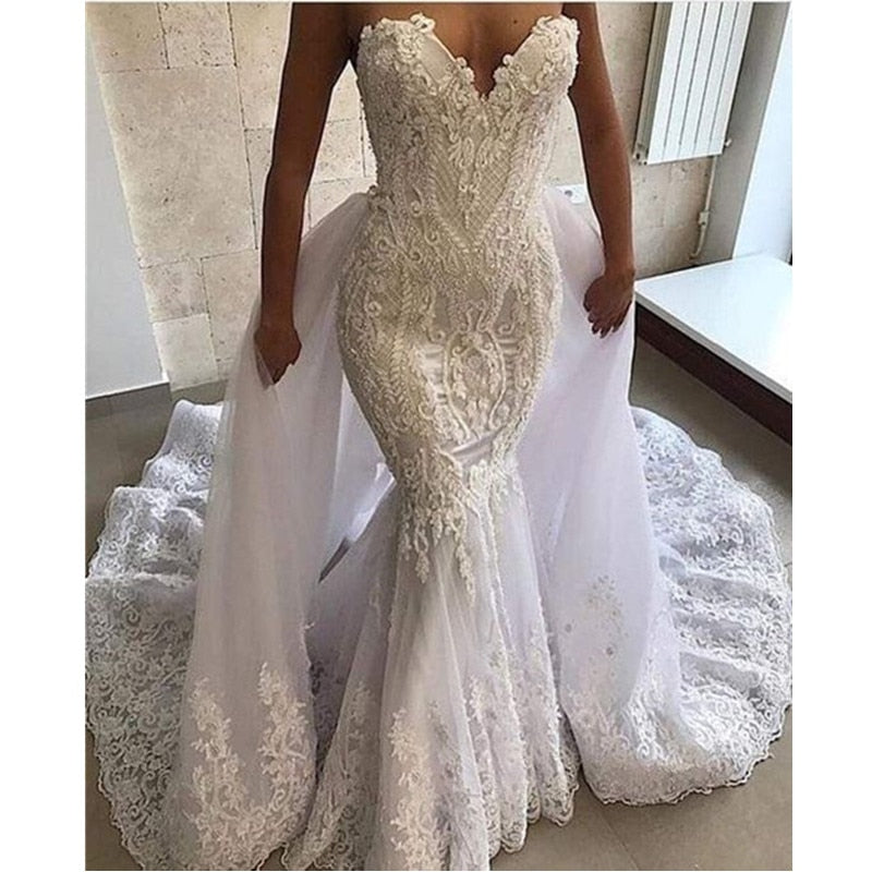 Sexy Mermaid Wedding Dress 2 in 1Lace Appliques Sweetheart Bridal Wedding Gowns with Detachable Skirt Robe De Mariage - LiveTrendsX
