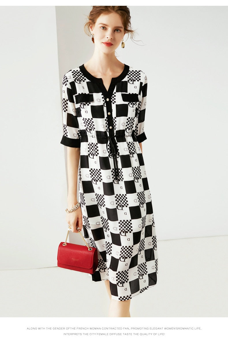 women's new temperament V collar short sleeve black and white contrast silk printed dress woman - LiveTrendsX