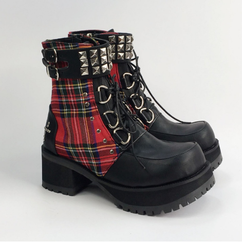 Classic Black Red Plaids Rivet Gothic Punk Rock Lace-up Lolita Ankle Boots  Chunky Heels Thick Platform Punk Lolita Cosplay Boot - LiveTrendsX