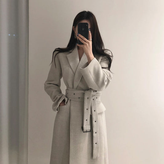 High qulity Woman Coats Winter Wool Long Coat With belt Office Lady Fashion lace Up Coats Outerwear - LiveTrendsX