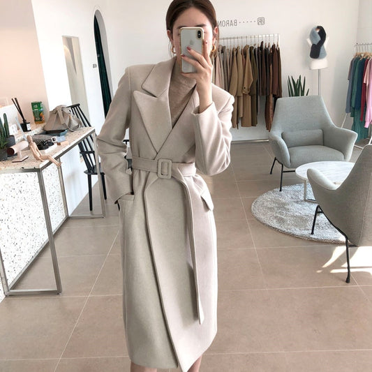 Woman Coats Winter Wool Long Coat With belt Office Lady Fashion lace Up Coats Outerwear - LiveTrendsX