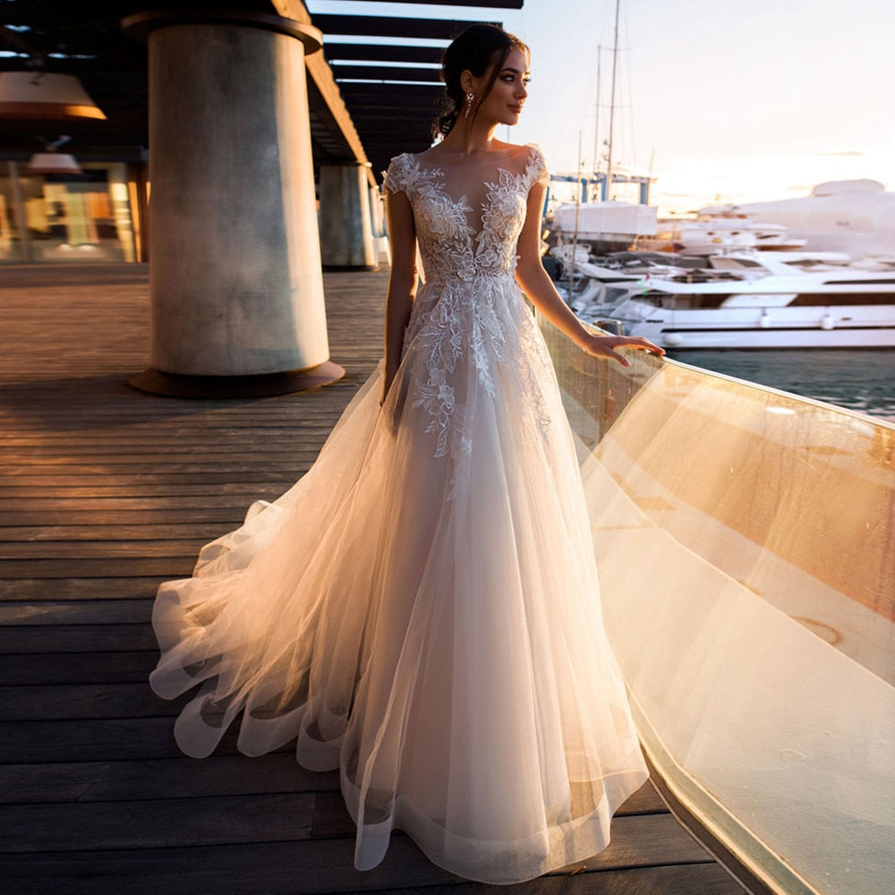 Charming Sheer Neck Bohemian Wedding Dresses Vestidos de Novia White/Ivory/Champagne Tulle Customized Lace Bridal Gown 2020 - LiveTrendsX