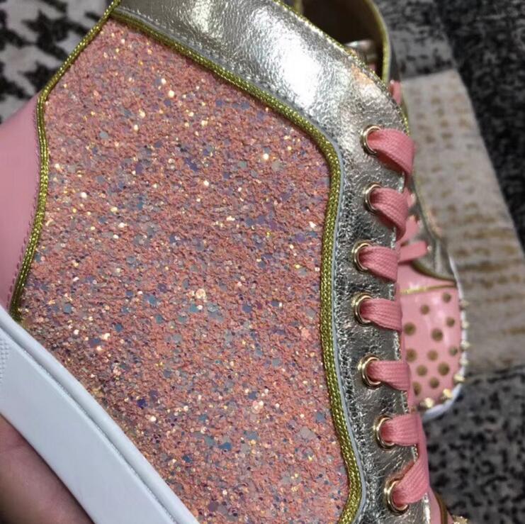 Newest Pink Glitter Women Fashion High Tops Golden Leather Rim Ladies Lace Up Casual Shoes Spikes Cover Vulcanize Shoes - LiveTrendsX
