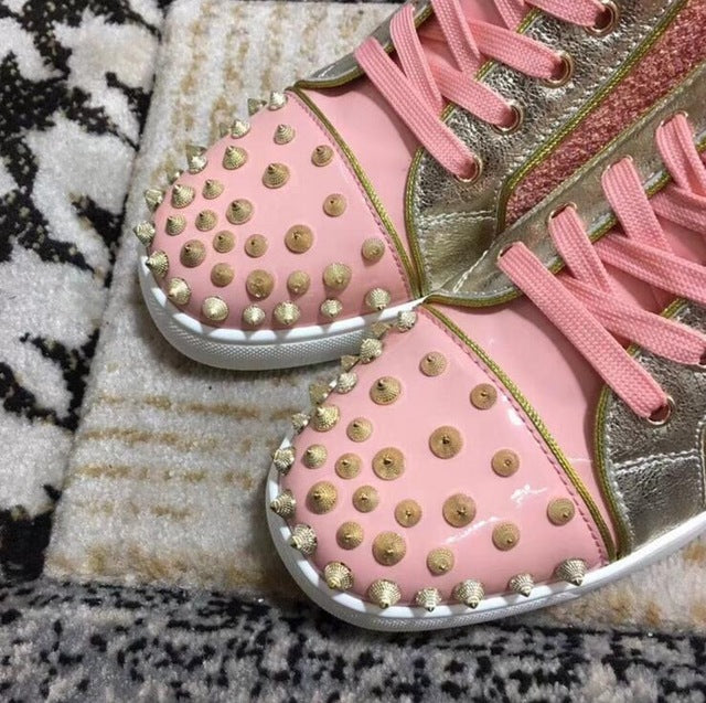 Newest Pink Glitter Women Fashion High Tops Golden Leather Rim Ladies Lace Up Casual Shoes Spikes Cover Vulcanize Shoes - LiveTrendsX