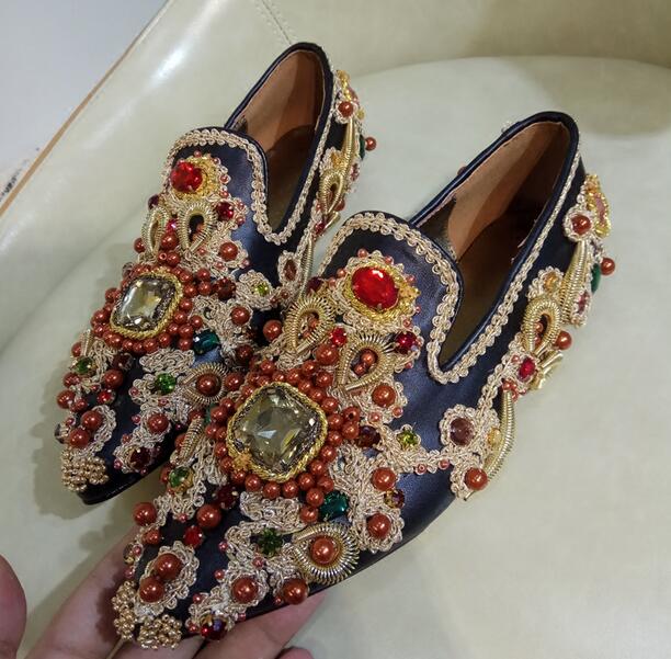Luxury Colorful Rhinestone Flowers Women Pointy Toe Flats Fashion Ladies Slip On Ballet Flats Golden Embroidery Sexy Flats - LiveTrendsX