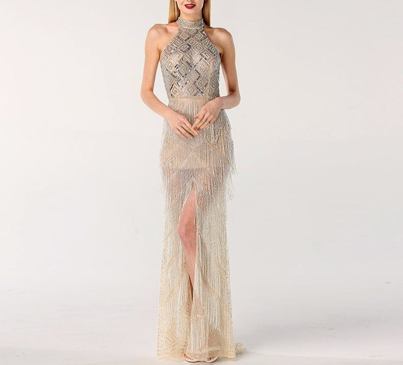 Mermaid Tassel Luxury Halter Rhinestones Evening Dress Pageant Gown Sleeveless Mermaid Slit Robe de Soiree - LiveTrendsX
