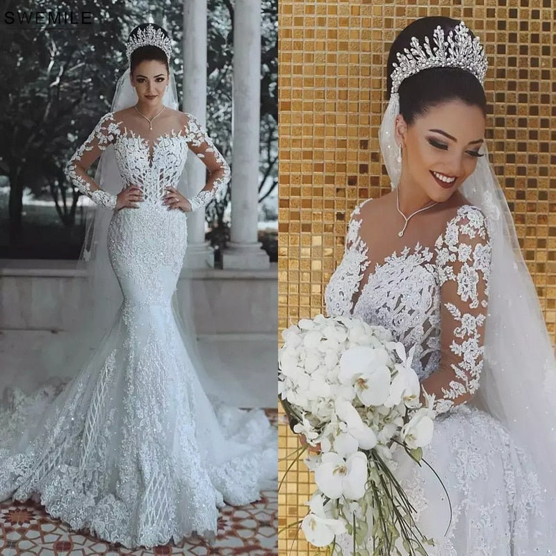 Luxury Dubai Saudi Arabic Lace Mermaid Wedding Dress Sexy Illusion Long Sleeve Bride Dresses Crystals Beads Wedding Gowns - LiveTrendsX