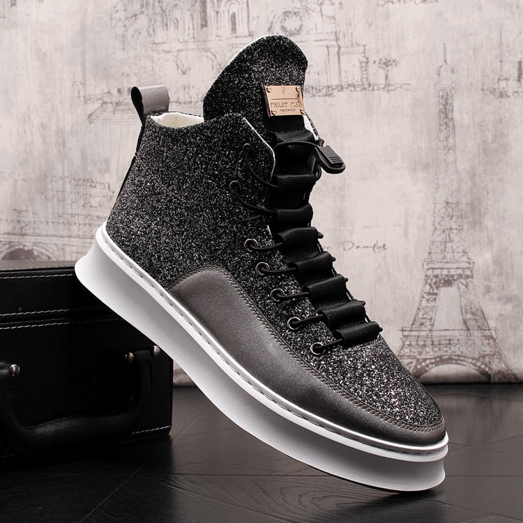 New High Top Booties Thick Soled Black Platform Full Grain Leather Sole Male Brogue Shoes Glitter Mens Increased Boots - LiveTrendsX
