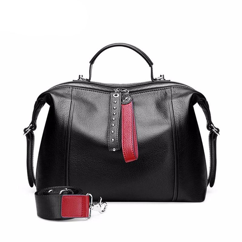 Women Handbag 100% Genuine Leather Classic Black Fashion Boston Bag Casual Tote Lady Shoulder Messenger Bag Rivets Big Capacity - LiveTrendsX