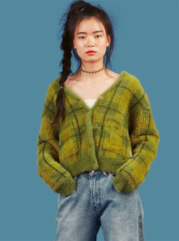 Vintage Synthetic Mink Cashmere Sweater Women Harajuku Lazy Style Ladies V-Neck Button Up Cropped Fuzzy Plaid Cardigan Knitted - LiveTrendsX