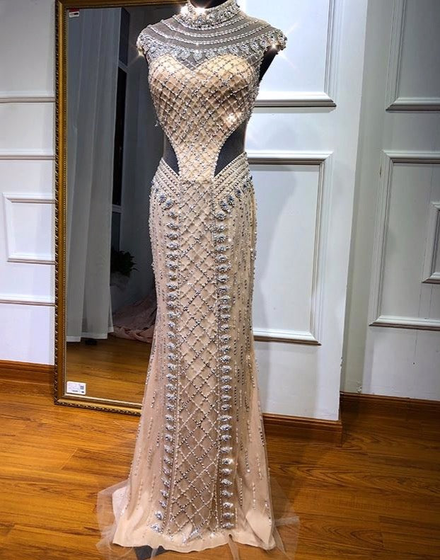 Nude Gold High Collar Sexy Evening Dresses 2020 Sleeveless Luxury Diamond Sparkle Evening Gowns - LiveTrendsX