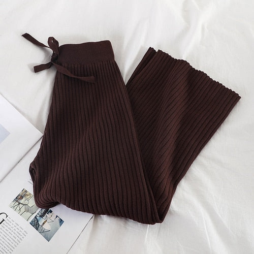 New Fashion Autumn Knitted Wide Leg Pants Women Solid Pit Long Trousers Elastic Lace Up Waist Casual Knit Pants - LiveTrendsX