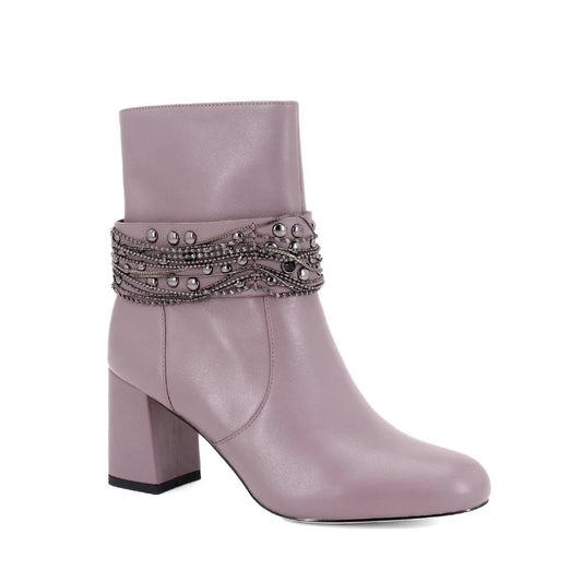 Black Genuine Leather Ankle Boot Metal Chain Square Heels Handmade Shoes Warm Office Lady Solid Retro Woman Boots B79 - LiveTrendsX