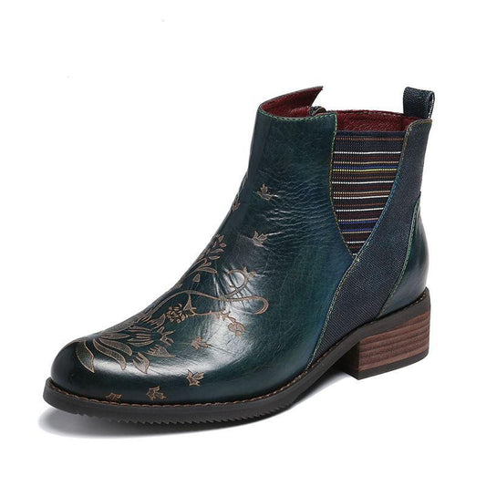 Retro Flower Boots Pattern Stitching Ladies Shoes Genuine Leather Elastic Band Zipper Ankle Boots Boots Women Shoes - LiveTrendsX