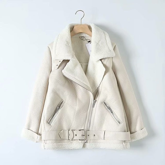Women beige fur faux leather jacket coat with belt turn down collar Ladies 2019 Winter Thick Warm Oversized Coat 5B01 - LiveTrendsX
