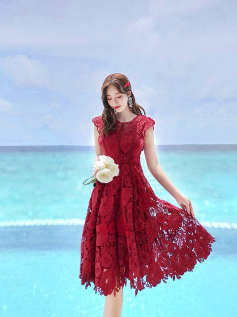 summer new heavy work lace openwork retro red dress waist dress Knee-Length  Tank  Lace  Sleeveless - LiveTrendsX