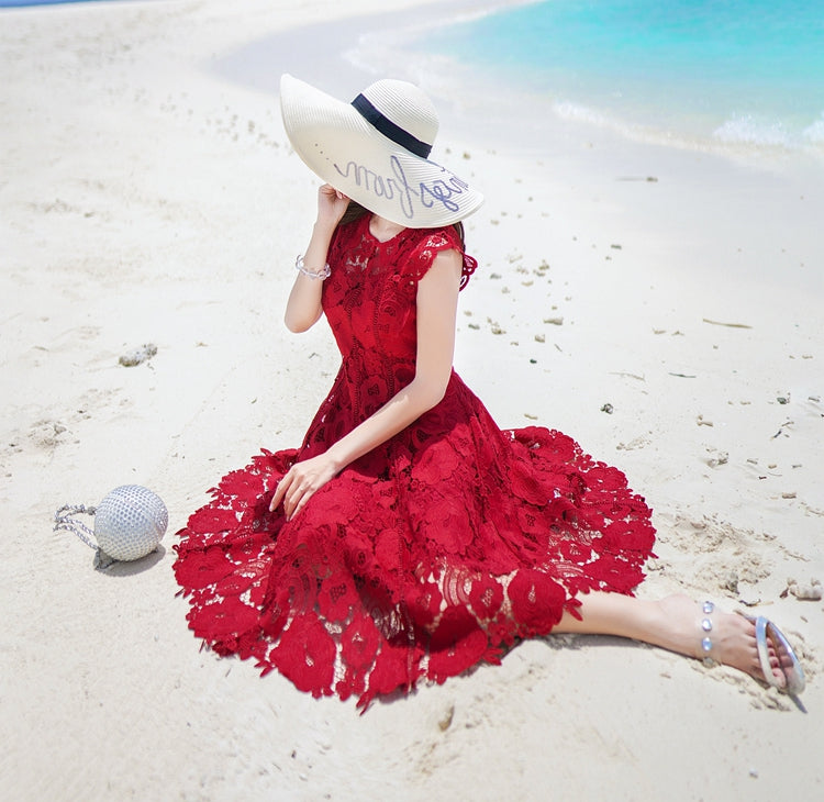 summer new heavy work lace openwork retro red dress waist dress Knee-Length  Tank  Lace  Sleeveless - LiveTrendsX