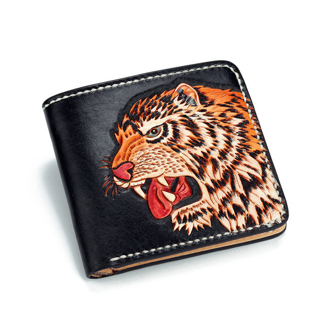 Vintag Short Cow Leather Carving Eagle Tiger Wallets Purses Women Men Clutch Vegetable Tanned Leather Wallet Card Holder - LiveTrendsX