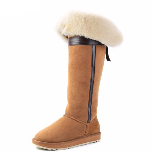 Over The Knee Sheepskin Suede Leather Wool Fur Shearling Lined Long High Winter Boots for Women Bow-knot Snow Boots Shoes - LiveTrendsX
