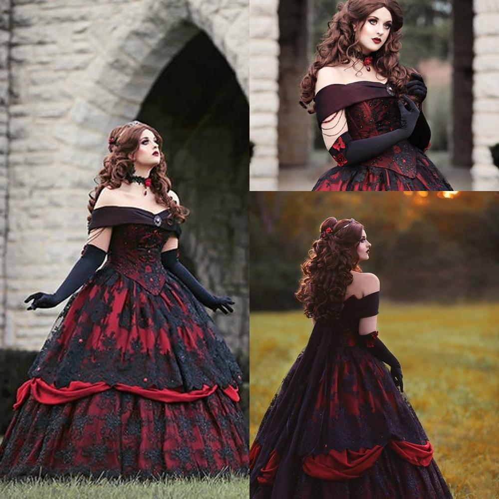 Gothic Belle Red Black Lace Wedding Gown Vintage Lace-up Corset Steampunk Sleeping Beauty Off Shoulder Plus Size Bridal Gown - LiveTrendsX