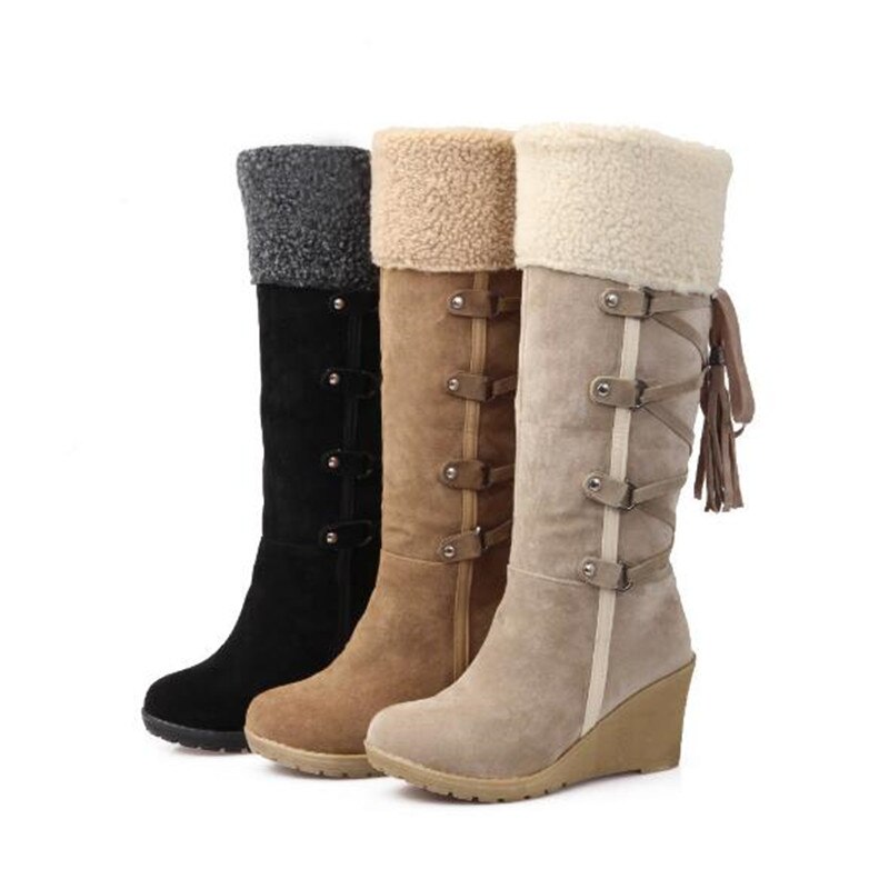 New women's snow boots fashion suede wedges plus size high boots high heel casual walking boots children's lace designer - LiveTrendsX