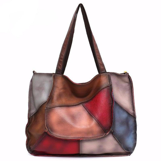 Vintage Real Leather Tote Bag For Women Ladies Large Leather Patchwork Shoulder Bag Femal Fashion Geometric Crossbody Handbag - LiveTrendsX