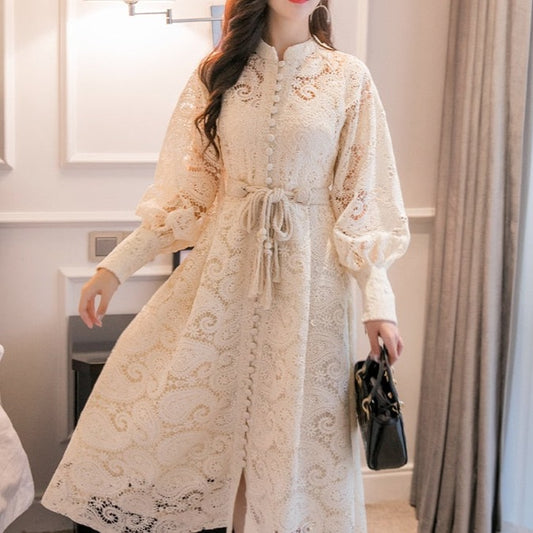 Braided belt high waist woman's dress hollow out embroidery long-sleeve apricot vintage maxi dress autumn 2020 new - LiveTrendsX