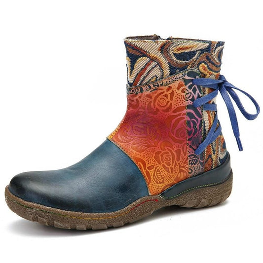 Women Boots Botas mujer Retro Embossed Genuine Leather Colorful Stitching Soft Sole Short Boots legant Women Shoes Winter - LiveTrendsX