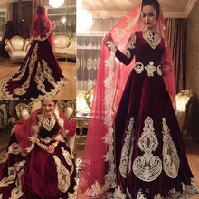 Load image into Gallery viewer, Luxury Muslim Wedding Dresses With Veil Arabic Dubai Velvet Burgundy Applique Beads Bridal Dress Sweep Train Wedding Dress - LiveTrendsX
