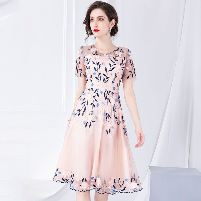 summer new round neck short-sleeved slim high waist dress beaded mesh slim temperament elegant A-line dresses - LiveTrendsX