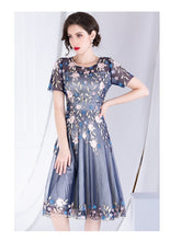 Load image into Gallery viewer, summer new round neck short-sleeved slim high waist dress beaded mesh slim temperament elegant A-line dresses - LiveTrendsX
