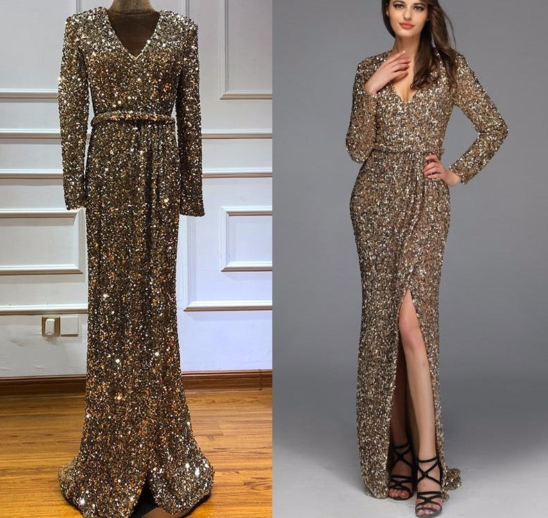 Dubai Luxury Gold Long Sleeves Latest Evening Gown Designs 2020 Beading Sequined Evening Gown - LiveTrendsX