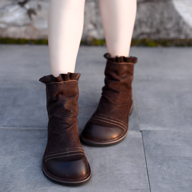 Artmu Original Retro Handmade Flat Sole Women Boots Ruffles Short Boots Genuine Leather Handmade Ankle Boots New - LiveTrendsX