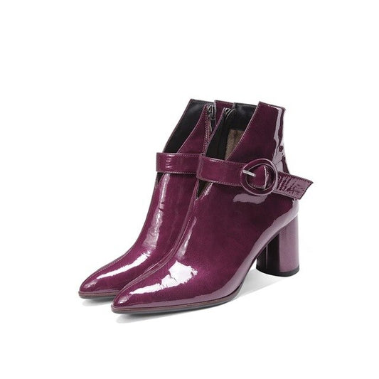 women ankle boots soft cow leather winter short plush buckle strap purple color pointed toe high heels women boots - LiveTrendsX
