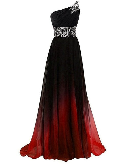 Crystals One Shoulder Large Size Lace Up Evening Dress Gradient Long Chiffon Dress For Women Engagement Wedding Party Maxi Dress - LiveTrendsX