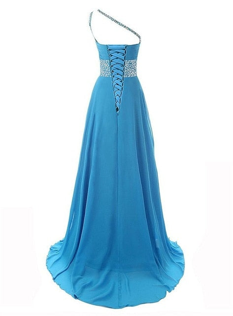 Crystals One Shoulder Large Size Lace Up Evening Dress Gradient Long Chiffon Dress For Women Engagement Wedding Party Maxi Dress - LiveTrendsX